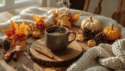 Fototapeta premium Warm Drink on a Wooden Table With Autumn Decorations and Cozy Blanket