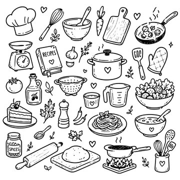 Hand Drawn Kitchen Doodle Set with Cooking Utensils, Food, and Baking Elements Vector Illustration