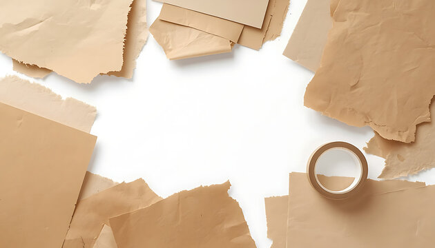 A top-down shot of various pieces of torn brown paper and cardboard scattered around the edges of a white background, 8k image