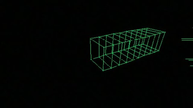 Green wireframe cube rotating in dark 3d space with digital grid aesthetic and retro computer graphics style.