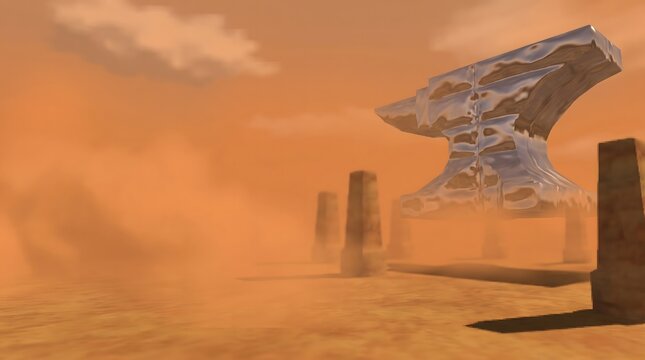 Large metallic anvil floating in desert landscape with stone pillars and orange dusty atmosphere.