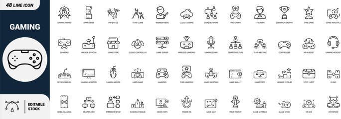 Gaming controller esports streamer trophy VR headset icons set, gamepad, joystick, chair, team, cloud gaming, monitor, mouse, Web icon App icon Outline icon Editable stroke, line art, Vector EPS © Sumon