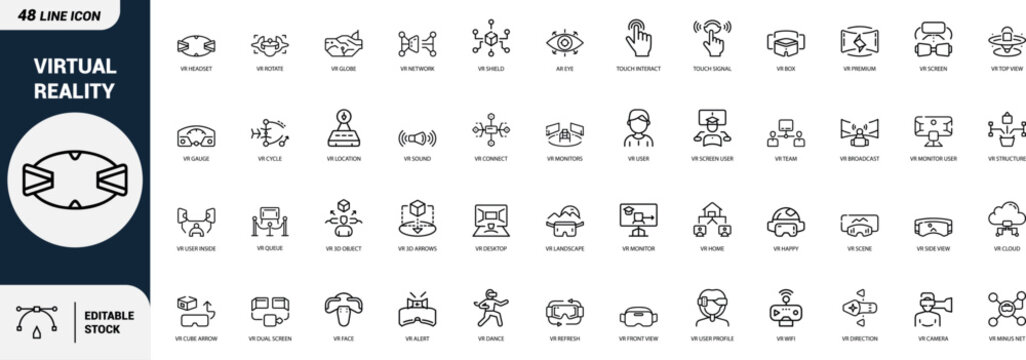 Virtual reality VR headset AR touch interaction icons set, goggles, 3D object, monitor, network, user, cloud, camera, dance, Web icon App icon Outline icon Editable stroke, line art, Vector EPS