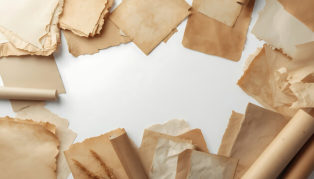 An overhead shot of various pieces of aged, distressed, and wrinkled paper forming an irregular border around a central white space, 32K Resolution