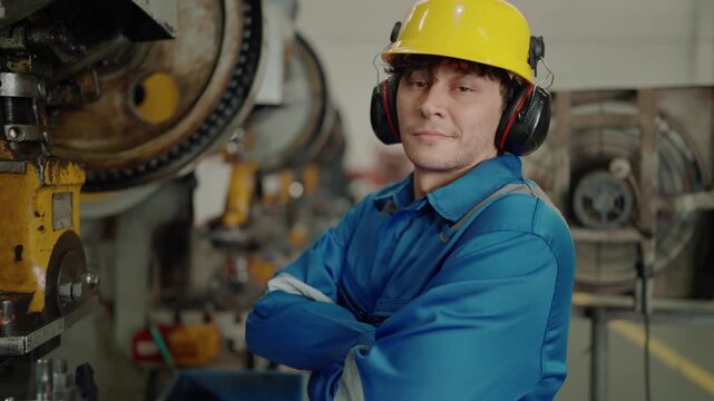 Worker wears safety gear, focused, hands on machine. Yellow helmet, blue uniform, ear protection, tool in hand. Factory setting, metal parts, machinery in background. Confident gaze, steady posture