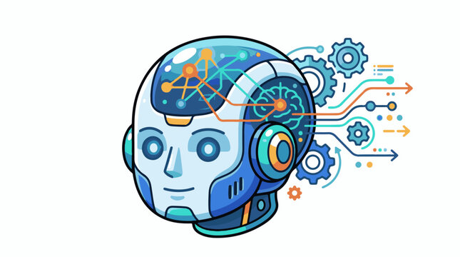 Stylized robot head with connected circuits and gears