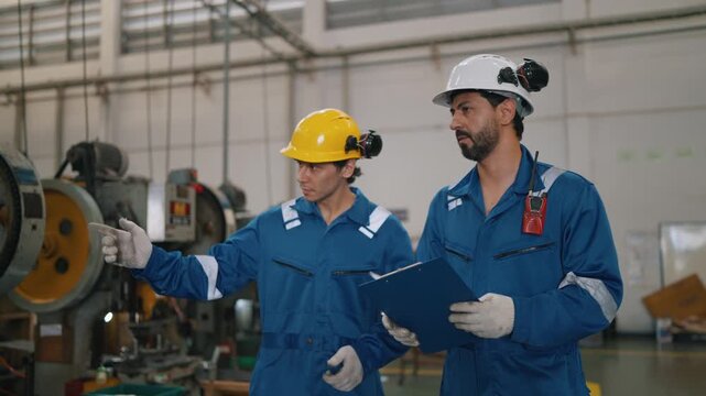Two workers in blue uniforms stand together in a factory. One holds a clipboard, the other listens attentively. They wear helmets and gloves, suggesting active safety measures
