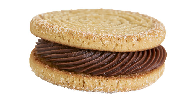 Round shortbread cookie sandwich with piped chocolate ganache filling, isolated on transparent background