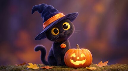Fototapeta premium Adorable black cat in witch hat with jack o' lantern for halloween