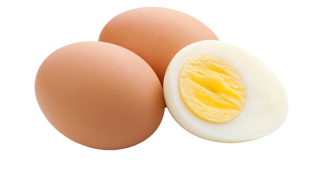 Two whole brown eggs and one halved hard-boiled egg with yellow yolk, isolated on transparent background