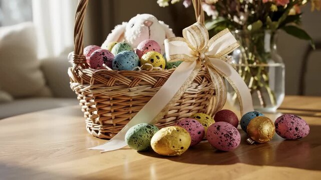 Basket filled with colorful eggs sits on wooden table in bright room. Fresh flowers decorate surroundings. Concept of holiday, Easter decoration, spring festivities