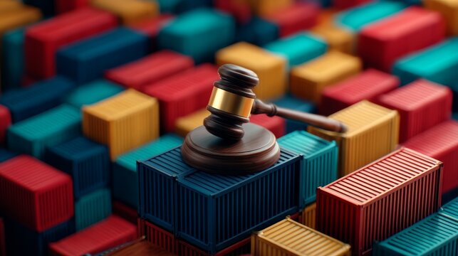 Global Trade Laws: Surreal Gavel Centered in Wooden Container Symbolizing Shipping Tariffs and Export Controls