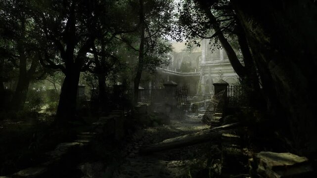Dilapidated stair approach under dense trees with backlit faade, fallen logs and roots crisscross foreground, cinematic contrast between dark foliage and bright