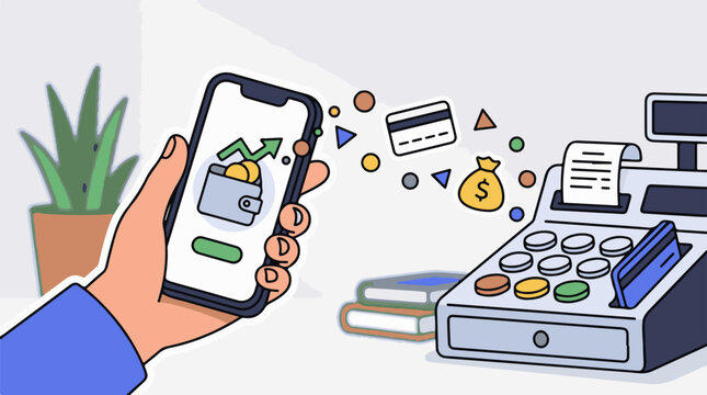 A hand holding a smartphone with a wallet and coins on the screen surrounded by floating payment symbols and a cash reg