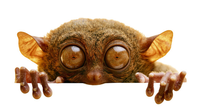 Tiny tarsier primate with huge eyes peeking over a white surface, isolated on transparent background