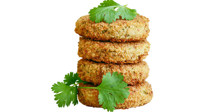 Stack of four golden brown falafel patties with fresh cilantro leaves, isolated on transparent background