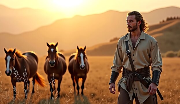 Handsome horse herder in a Medieval period clothing made of wool, linen and leather, wind tousled hair, guiding his herd of horses in a vast open misty pasture at sunrise, ai