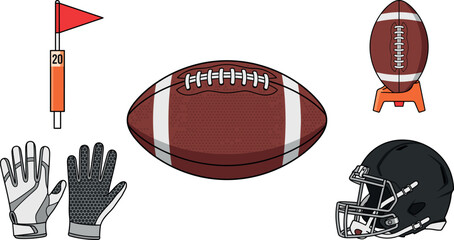 Professional american football game icon collection with brown oval leather ball black helmet protective gloves kicking tee and orange sideline pylon vector design © MDSHAHINALAM