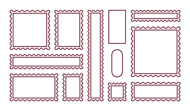 Blank postage stamp frame vector line art collection . Perforated wavy edges, rectangular mail border template, vintage letter graphic elements .
