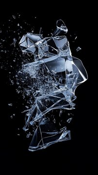 Shattered glass, fragments explode outward on a black background, creating a dynamic and impactful image.  