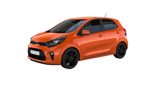 Orange hatchback car with black wheels, isolated on transparent background