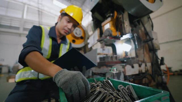 Worker checks metal parts in factory setting. He wears hard hat and safety vest. Focused, he examines items with clipboard. Industrial machinery looms behind him. Good for manufacturing