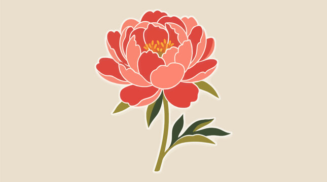 Flat Vector Illustration of a Single Large Coral Peony Flower with Stylized Stem and Two Leaves on a Pale Beige Background, Clean Graphic Design