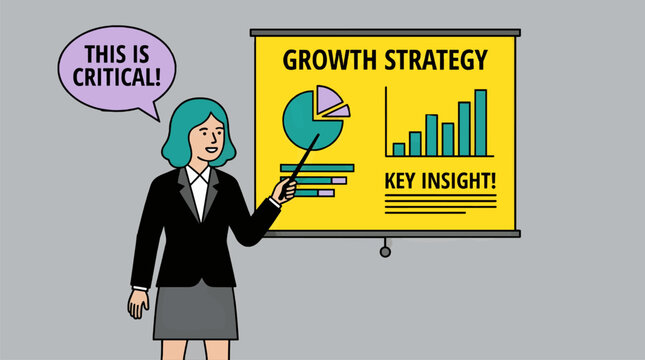 Flat Vector Illustration of Businesswoman Presenting Growth Strategy with Pie Chart and Bar Graph, Speech Bubble Declares "This Is Critical!"