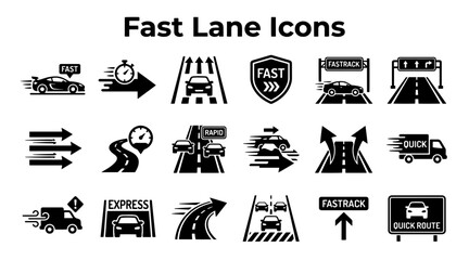 Set of Fast Lane Icons Featuring Highway Traffic Symbols and Speed Transportation Graphics in Black © MstSomaya