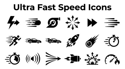 Black Silhouette Ultra Fast Speed Icons Set Featuring Motion Symbols and Dynamic Velocity Graphics © MstSomaya