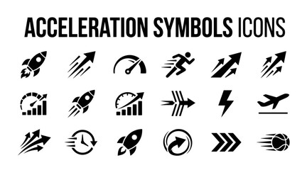 Fototapeta premium A collection of black vector icons depicting acceleration, speed, motion, and rapid growth on a clean white background.