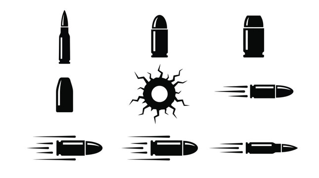 Black and white vector set of various gun ammunition bullets and a singular impact hole