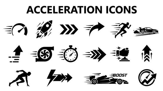 A collection of black and white vector icons representing acceleration, speed, motion, and rapid movement concepts.