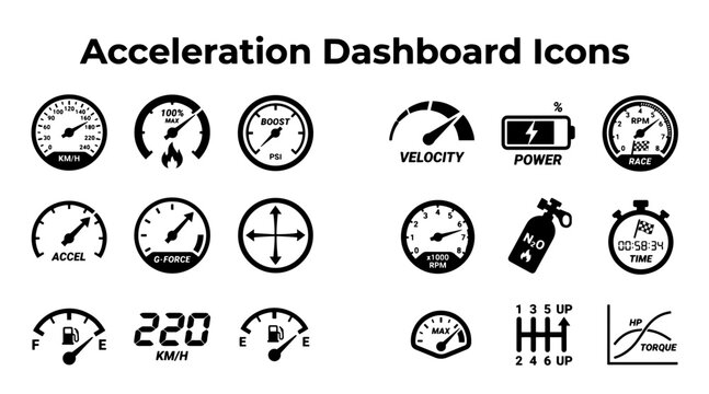 A set of monochrome vector icons representing automotive acceleration, speed, and vehicle performance metrics.