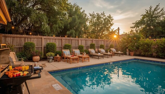 Backyard Barbecue Near the Swimming Pool During Sunset With Chairs and Lights