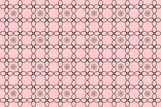 Geometric floral pattern with black lines on pink background for textile and wallpaper design