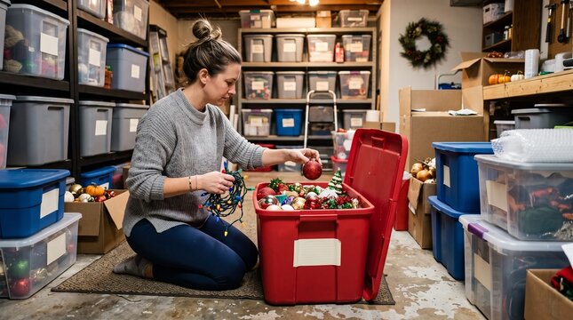 Woman organizing Christmas ornaments and lights in a storage bin in a basement