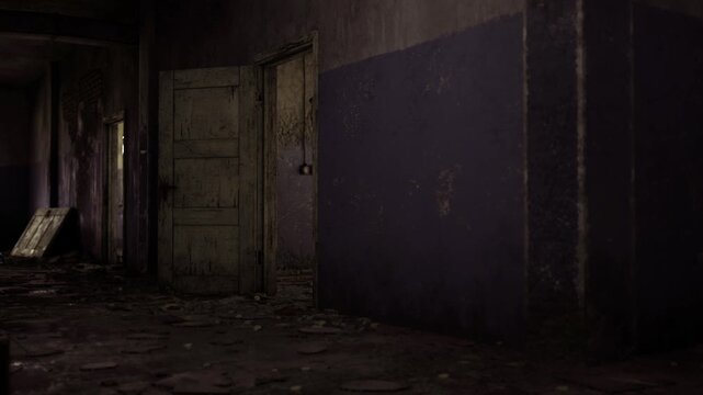 Dark corner revealing open threshold, scattered debris, muted color palette, atmospheric gloom ideal for horror moodboard or abandoned location scouting