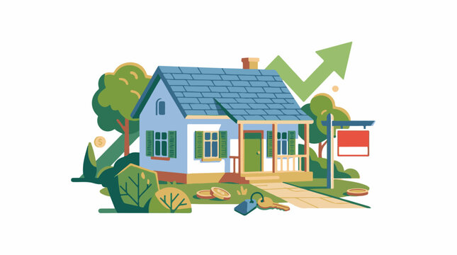 A house with a red for sale sign and rising arrow keys and coins