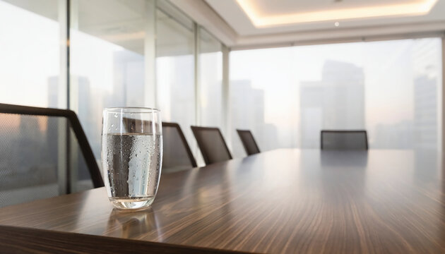 Refreshing glass of cold water with droplets on a wooden conference table in an empty modern office boardroom with a panoramic blurred city skyline view and bright natural morning light