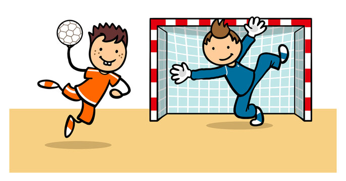 Junge im Sprung mit Wurfauslage und Torwart in Abwehrhaltung vor Handballtor