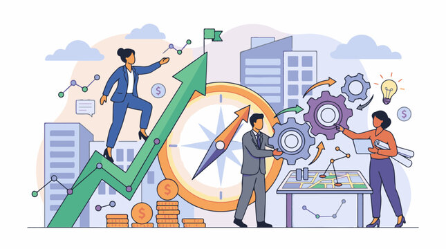 A colorful graphic illustration of three business people working together