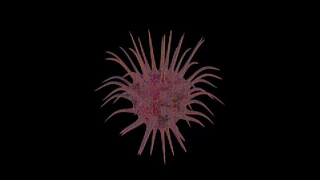 Datamosh glitch: A spiked sphere with vertical scanlines and pixelation. Strong pixelation and vertical glitch lines on the 3D virus.