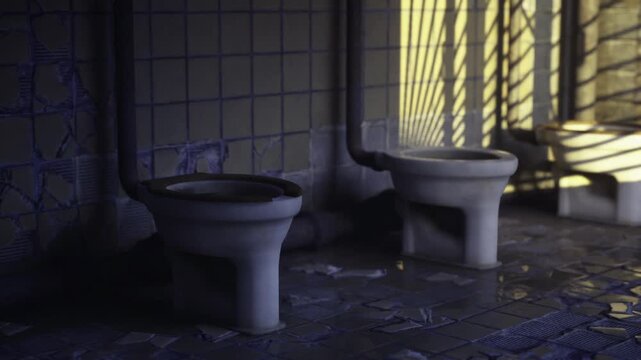 Sunlit abandoned restroom with cracked tiles and two stained squat pans, rusted pipes, puddles on mosaic floor, gritty lowkey lighting and heavy shadow,