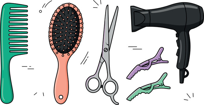 Cute hairdressing equipment icon collection with hand drawn cartoon style green comb pink hairbrush shears blow dryer and salon accessories vector design