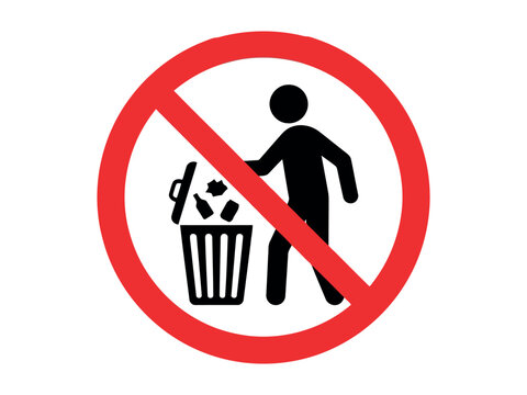 No littering sign with a person throwing trash into a garbage bin icon
