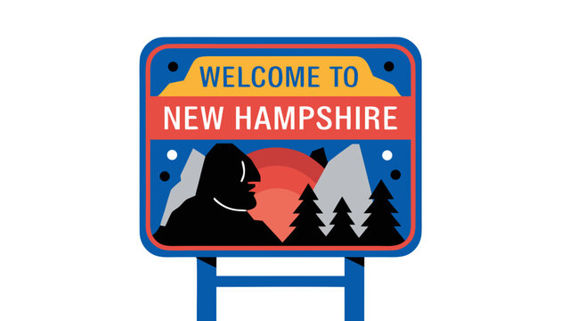 Very beautiful realistic vector of a classic roadside welcome sign featuring a colorful label reading "WELCOME TO NEW HAMPSHIRE", decorated with the Old Man of the Mountain memorial profile, White Mou