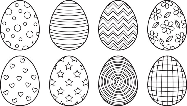 Decorated easter eggs patterns set outline drawing collection festive holiday design elements.