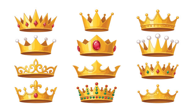 Golden royal crown vector cartoon collection . King tiara icons, queen majestic gold attributes, princess headwear decorated with red jewels .