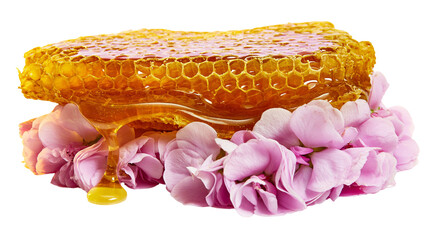 Golden honeycomb dripping sweet nectar onto delicate pink flower petals, isolated on transparent background © VSTOCK